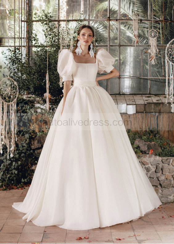 Square Neck Ivory Organza Wedding Dress